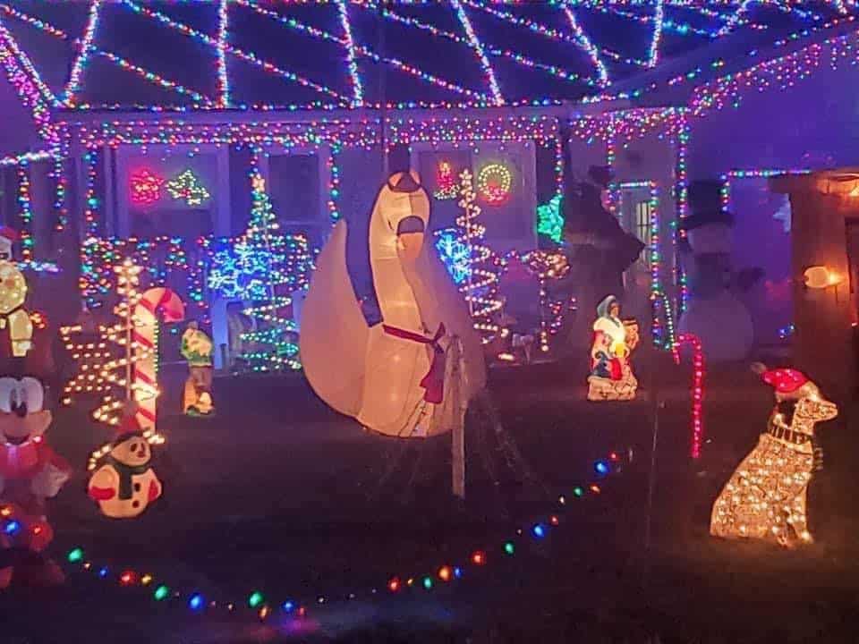10 Dazzling Christmas Light Shows in Michigan You Can’t Miss in 2025 (Plus Free Spots & Secret Local Favorites!) 1 Front yard decorated with colorful holiday lights, inflatable figures including a polar bear and snowman, candy canes, and illuminated deer.