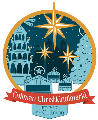 You won't Want To Miss Tennessee’s Most Magical Christmas Markets and Holiday Fairs for 2025 6 Logo for Cullman Christkindlmarkt featuring festive market stalls, stars, a large Christmas tree, and landmarks, with text "Cullman Christkindlmarkt presented by Visit Cullman.