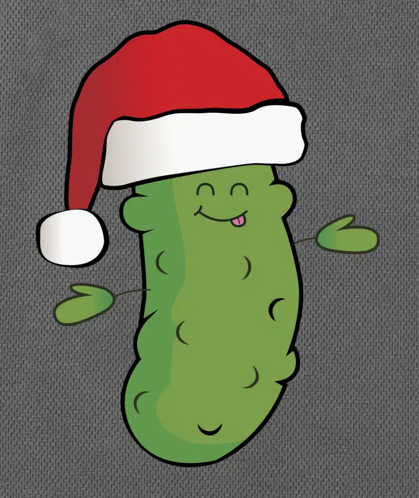20 Magical Christmas Light Displays in Missouri You Can’t Miss This Holiday Season! (#6 is Jaw-Dropping) 3 Cartoon pickle wearing a red and white Santa hat, smiling with its tongue out and eyes closed, on a textured gray background.