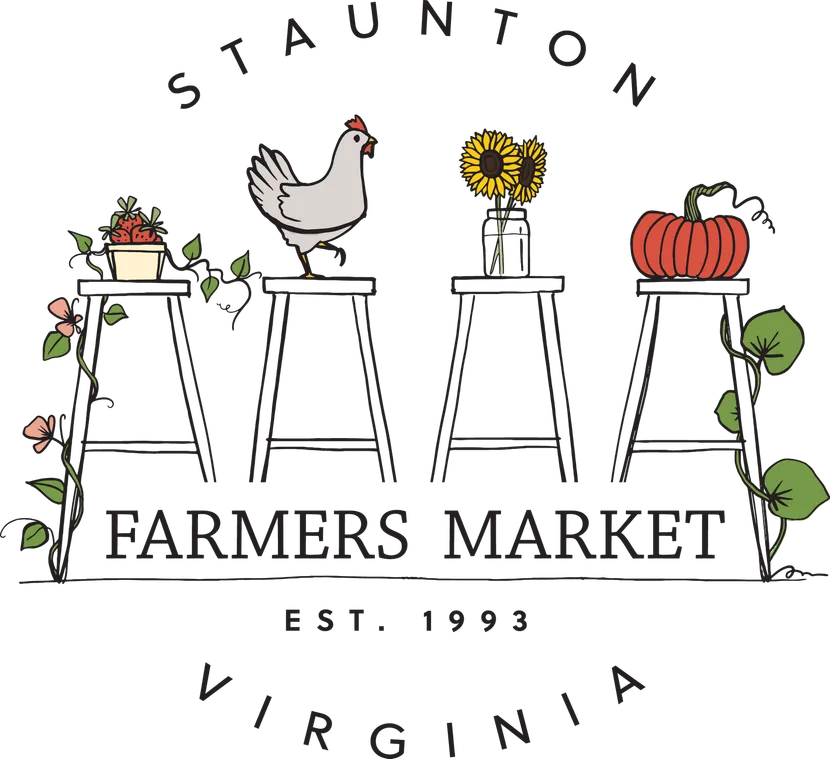 50 Magical Christmas Markets in Virginia for 2025 You Can’t Miss: Ultimate Guide to Festive Events & Holiday Shopping 7 Illustration of a chicken, sunflower, and pumpkin on stands with flowers and vines, and the text "Staunton Farmers Market Est. 1993 Virginia.