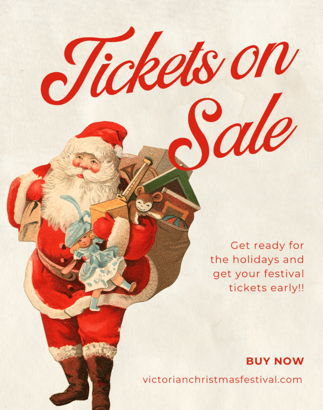 Christmas Markets Washington State 2025: Top 50 Festive Events and Holiday Fairs 2 Vintage illustration of Santa Claus holding a sack of toys with text promoting Christmas festival tickets on sale; website and call to action included.