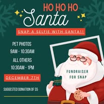 50 Magical Christmas Markets in Virginia for 2025 You Can’t Miss: Ultimate Guide to Festive Events & Holiday Shopping 5 Illustration of Santa holding a mug and cookie, promoting a fundraiser event with photo sessions on December 7th. Text details timing for pet and general photos, and a suggested $5 donation.
