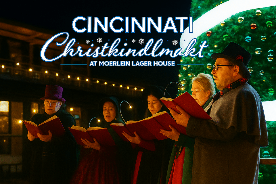 Ohio Christmas Markets 2025: 50 Unforgettable Holiday Events & Festive Fairs You Have to Visit 2 Four people dressed in winter attire sing from songbooks in front of a lit Christmas tree at the Cincinnati Christkindlmarkt at Moerlein Lager House.