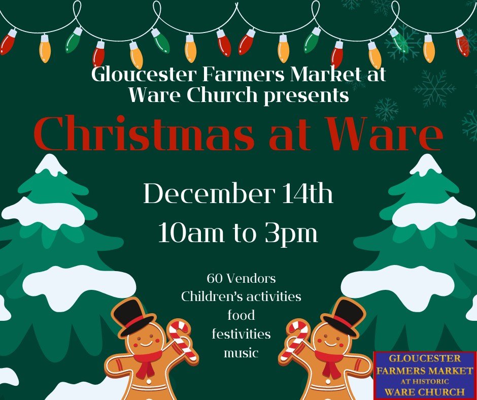 50 Magical Christmas Markets in Virginia for 2025 You Can’t Miss: Ultimate Guide to Festive Events & Holiday Shopping 2 Event flyer for "Christmas at Ware" by Gloucester Farmers Market on December 14th, 10am-3pm, featuring vendors, activities, food, festivities, and music. Gingerbread figures and trees decorate the flyer.