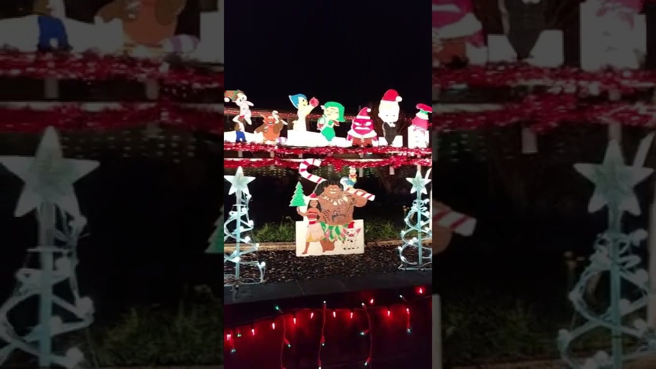 Best Christmas Light Displays Hawaii 2025: Top Dazzling Locations to Visit 1 Festive holiday decorations with cartoon characters, tinsel garlands, and string lights displayed outdoors at night.