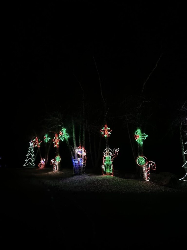 20 Magical Christmas Light Displays in Missouri You Can’t Miss This Holiday Season! (#6 is Jaw-Dropping) 7 Holiday light display featuring illuminated figures, stars, candy canes, and a Christmas tree set up outdoors at night.