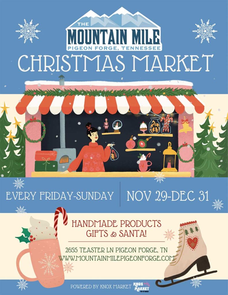 You won't Want To Miss Tennessee’s Most Magical Christmas Markets and Holiday Fairs for 2025 1 Illustrated poster for The Mountain Mile Christmas Market in Pigeon Forge, TN, featuring a vendor booth, gifts, event dates Nov 29–Dec 31, and a decorated ice skate.