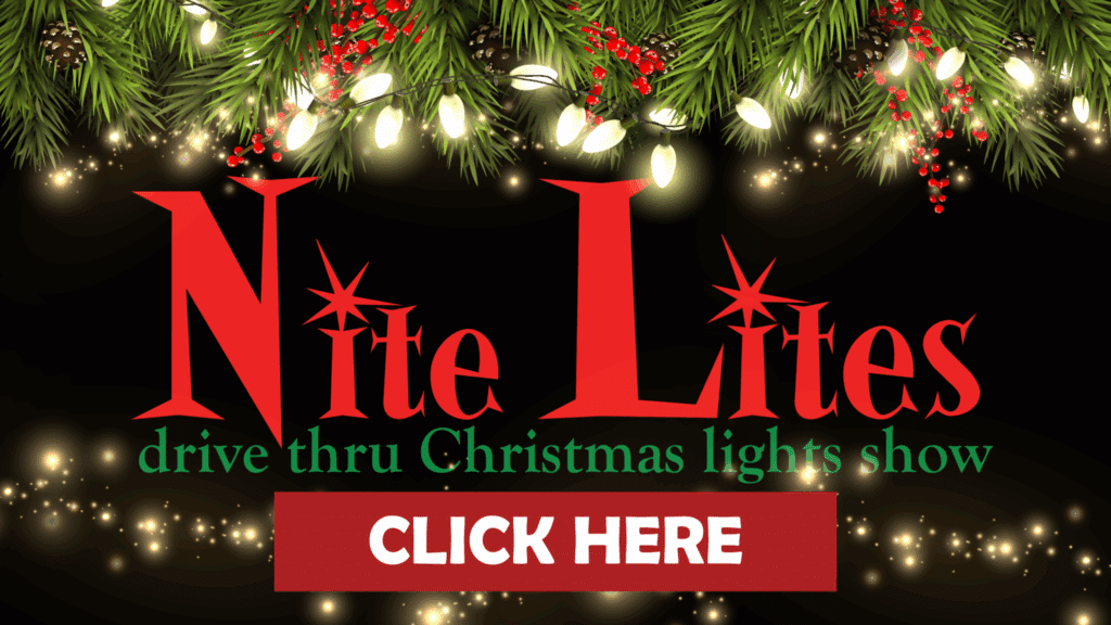 10 Dazzling Christmas Light Shows in Michigan You Can’t Miss in 2025 (Plus Free Spots & Secret Local Favorites!) 2 Promotional graphic for "Nite Lites drive thru Christmas lights show" with festive lights and pine branches; a red "CLICK HERE" button is at the bottom.