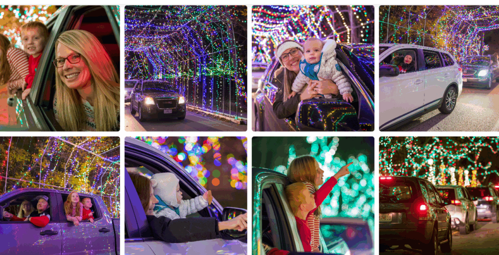 20 Magical Christmas Light Displays in Missouri You Can’t Miss This Holiday Season! (#6 is Jaw-Dropping) 7 Collage of families and children in cars driving through a tunnel of colorful holiday lights at night, with people smiling and pointing at the decorations.