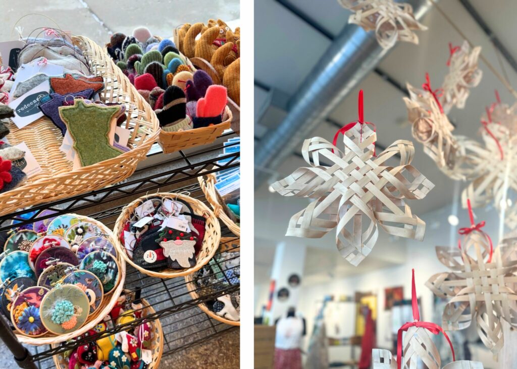 Minnesota’s 50 Best Christmas Markets to Visit in 2025 (You’ll Love #7!) 6 Left: Baskets of colorful felted and embroidered items on display. Right: Woven wooden ornaments with red loops hang in a shop.