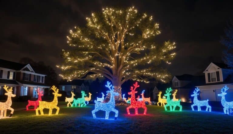 A large tree decorated with string lights stands in a yard surrounded by illuminated reindeer figures in various colors, with houses visible in the background at night.