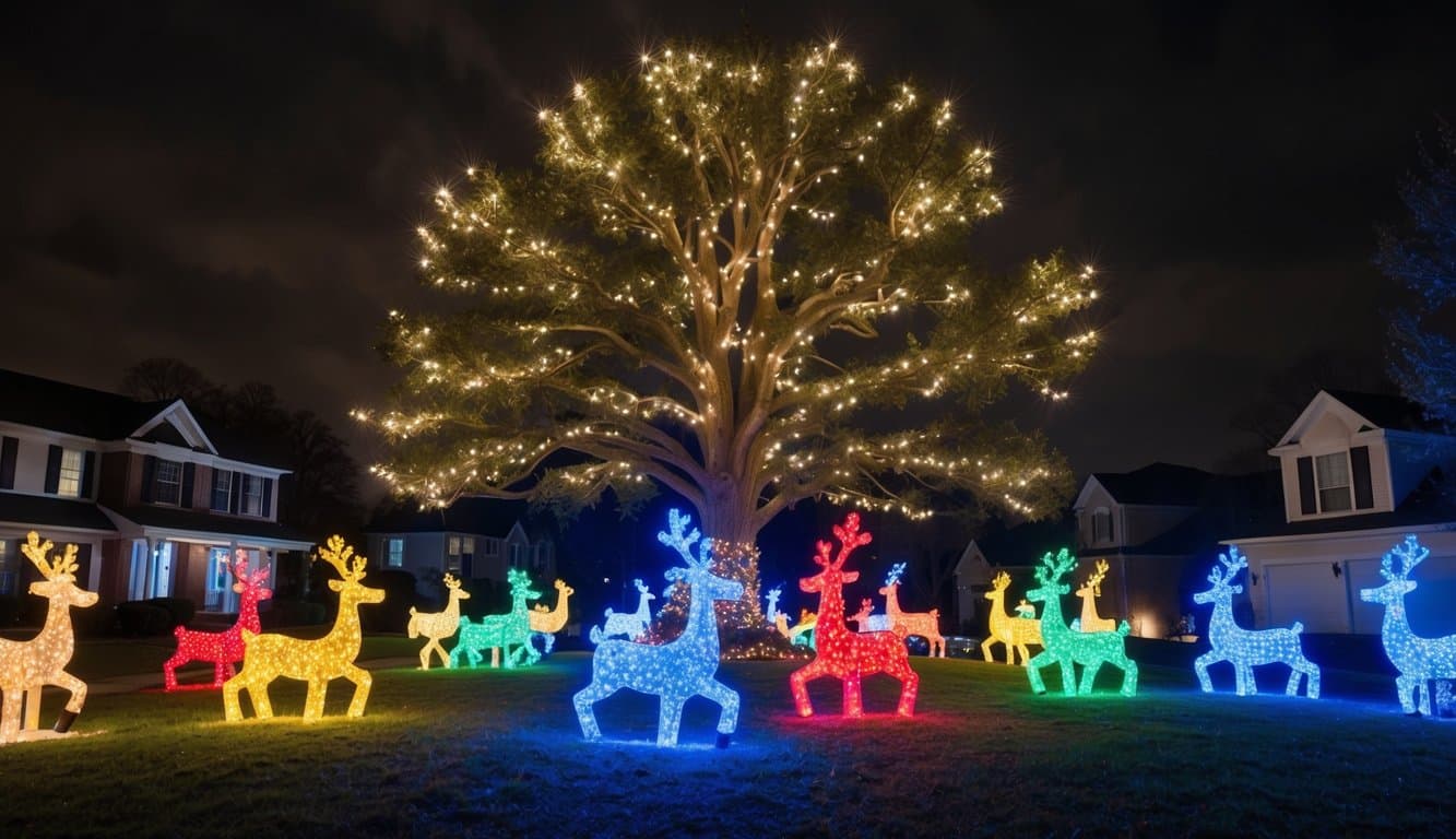 Best Christmas Light Displays Georgia 2025: Top Must-See Holiday Attractions 1 A large tree decorated with string lights stands in a yard surrounded by illuminated reindeer figures in various colors, with houses visible in the background at night.