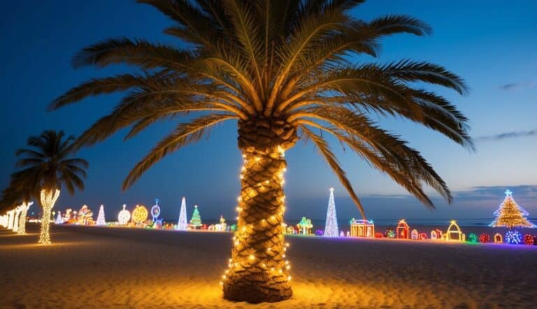 A palm tree wrapped in string lights stands on a sandy beach at dusk, with colorful holiday light displays and other palm trees in the background.