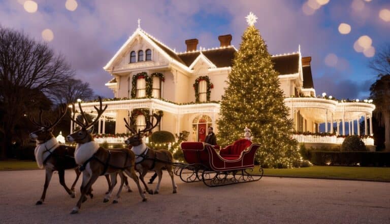 A large Victorian house decorated with Christmas lights, a lit Christmas tree in front, and a red sleigh with four reindeer on the driveway.
