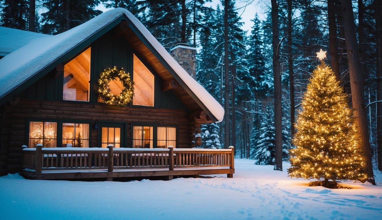 Best Christmas Light Displays Idaho 2025: Must-See Holiday Attractions 2 A cozy cabin nestled in a snowy forest, adorned with twinkling lights and a glowing Christmas tree in the window