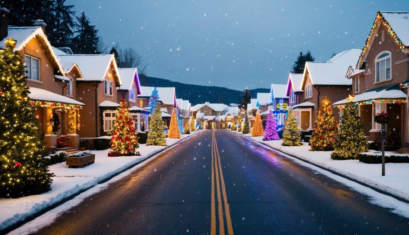 Best Christmas Light Displays Illinois 2025: Top 20 Festive Spots to Visit 2 A cozy suburban street lined with colorful, twinkling Christmas lights and festive decorations, with snow gently falling from the night sky