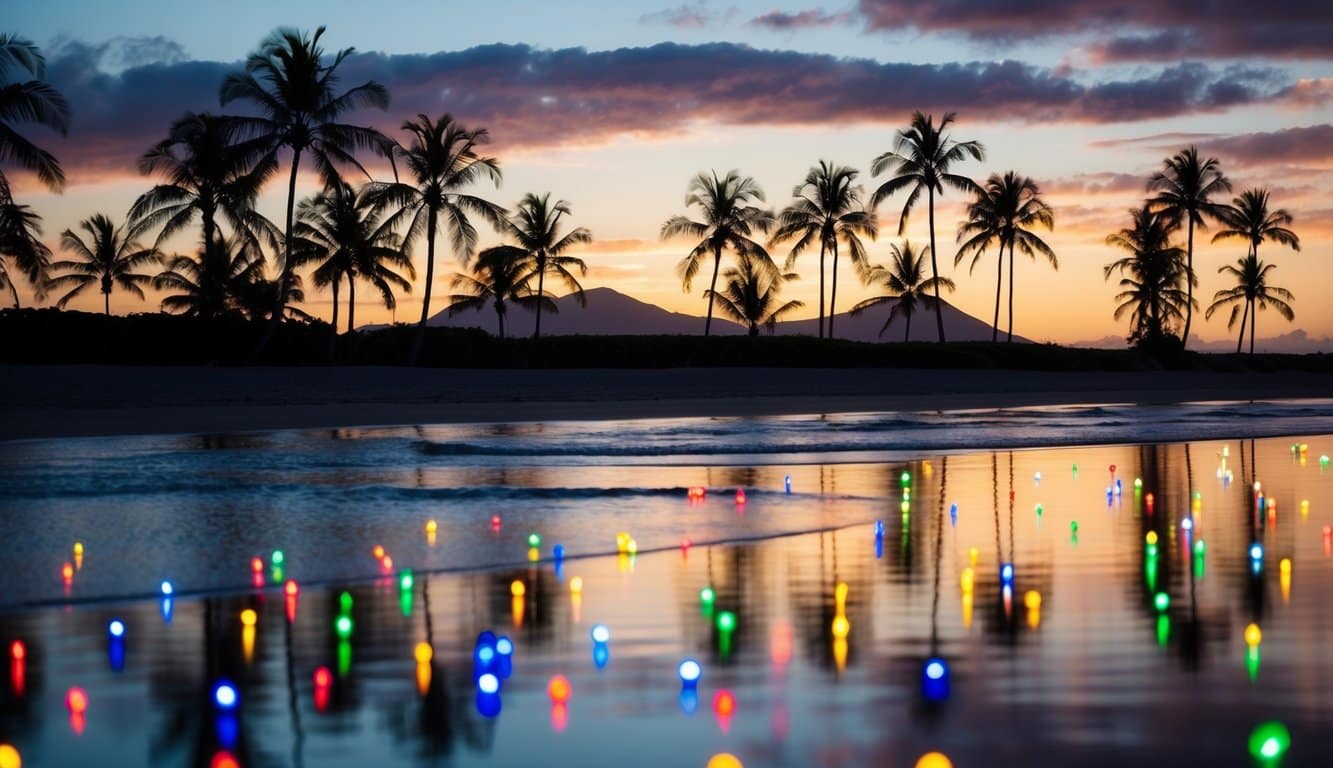 Best Christmas Light Displays Hawaii 2025: Top Dazzling Locations to Visit 2 A palm tree-lined beach with colorful Christmas lights reflecting off the water, as the sun sets behind a silhouette of the Hawaiian islands