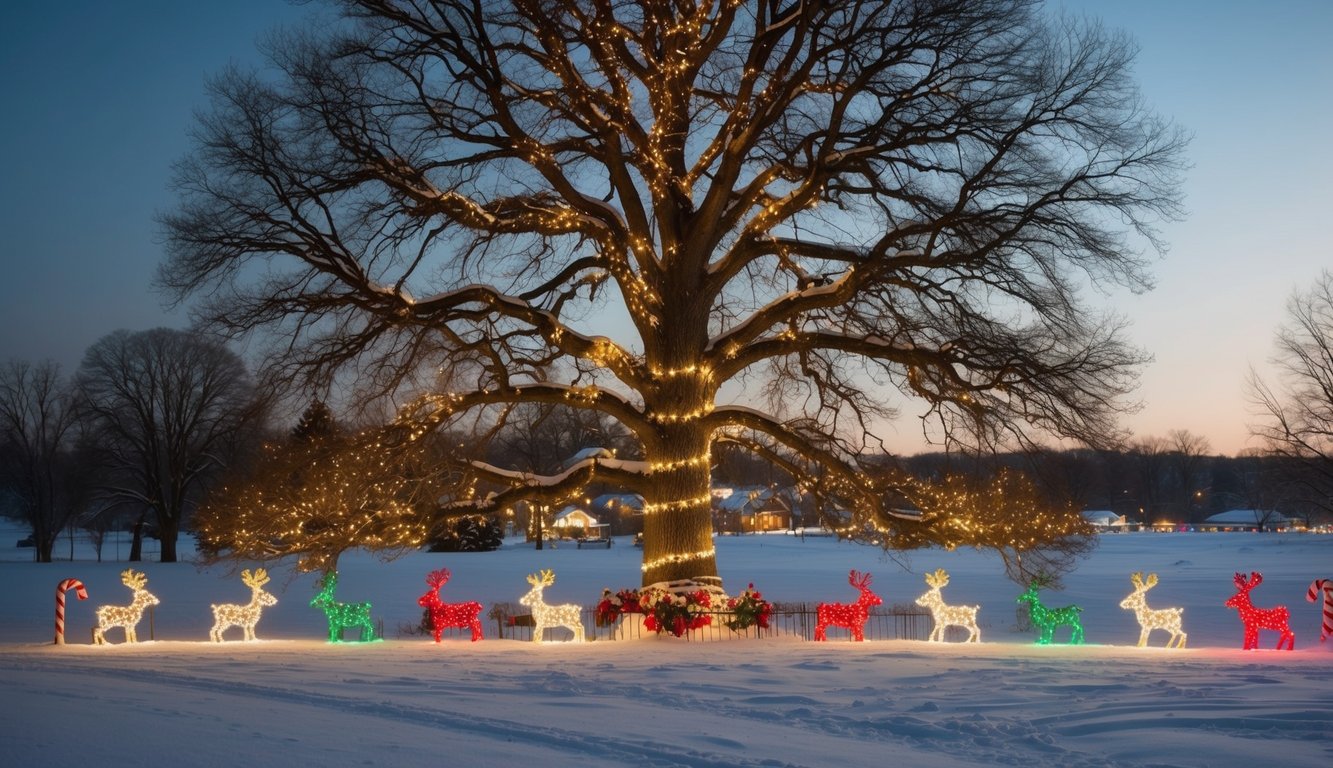 Best Christmas Light Displays Iowa 2025: Top Must-See Holiday Shows 2 A grand oak tree adorned with twinkling lights, surrounded by a colorful array of illuminated reindeer, snowflakes, and candy canes in a snowy Iowa landscape