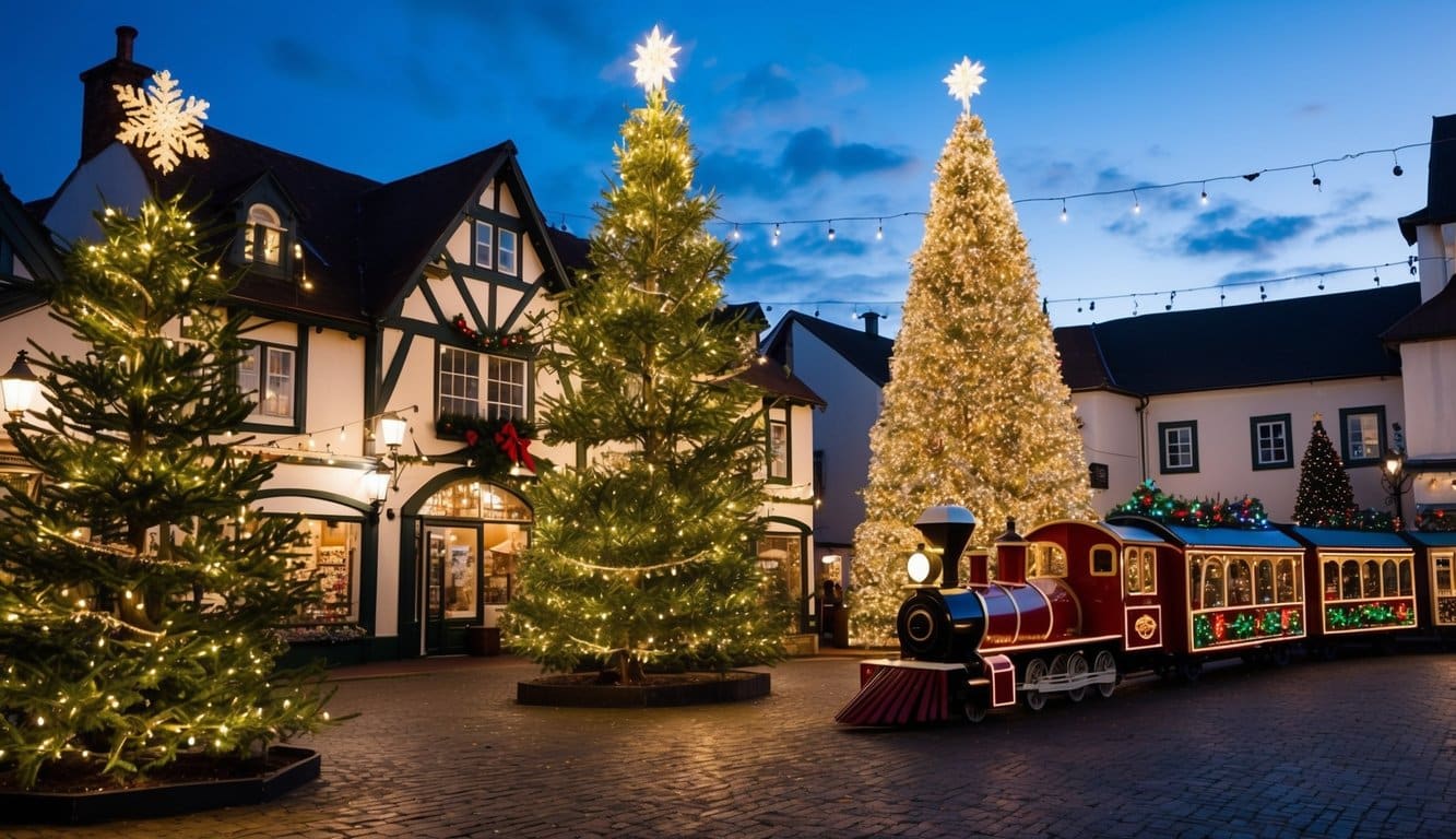 Best Christmas Light Displays Indiana 2025: Must-See Holiday Attractions 2 A quaint small town square with twinkling lights, towering Christmas trees, and a festive holiday train display