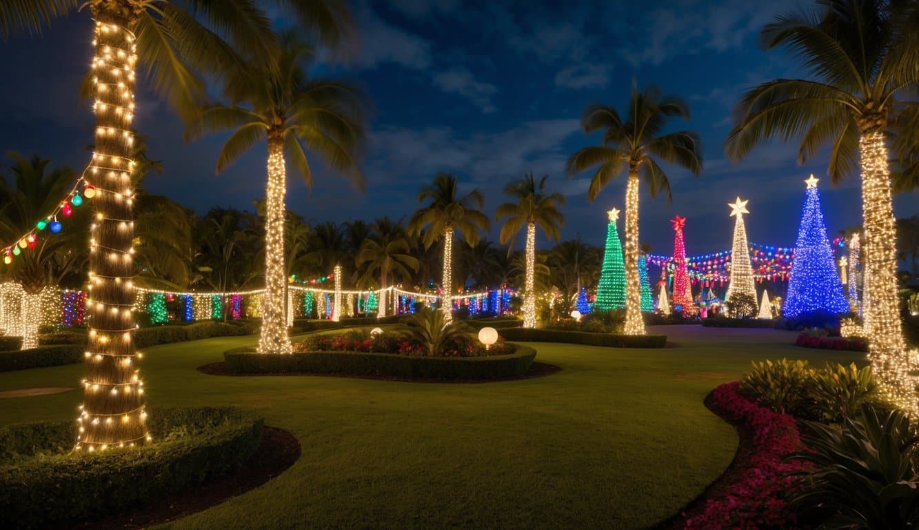 Best Christmas Light Displays Hawaii 2025: Top Dazzling Locations to Visit 3 A sprawling tropical garden adorned with colorful twinkling lights, palm trees wrapped in glowing strands, and a grand display of Christmas lights illuminating the night sky