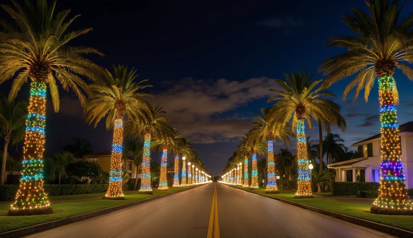 Best Christmas Light Displays Hawaii 2025: Top Dazzling Locations to Visit 5 A palm tree-lined street with colorful Christmas lights illuminating the night sky, casting a warm and festive glow over the tropical landscape
