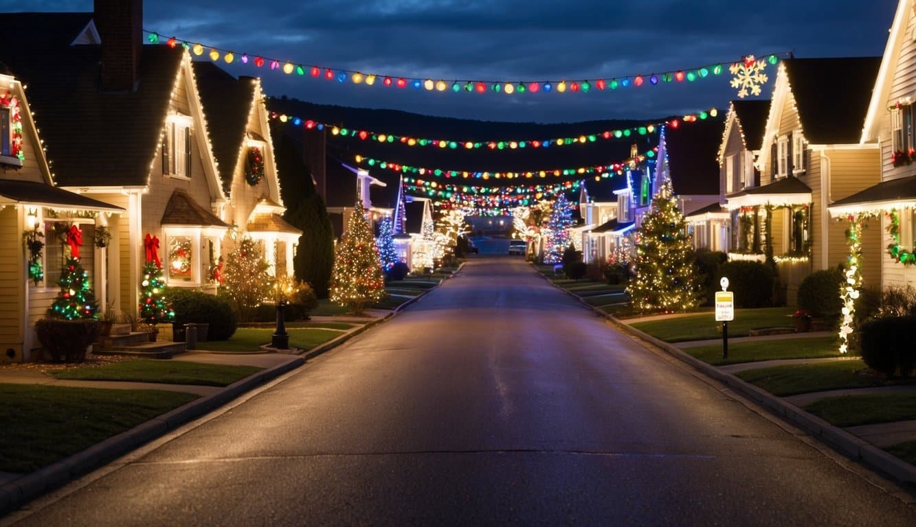 Best Christmas Light Displays Iowa 2025: Top Must-See Holiday Shows 5 A cozy suburban street lined with brightly lit houses, adorned with colorful Christmas lights and decorations, all synchronized to the festive music playing on 90.7 FM
