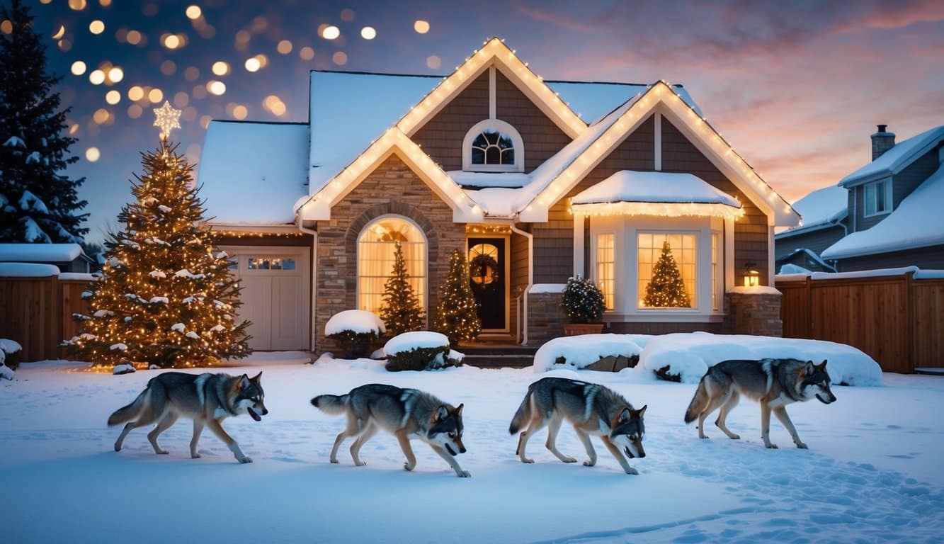 Best Christmas Light Displays Iowa 2025: Top Must-See Holiday Shows 6 A cozy suburban house adorned with twinkling lights, a glowing Christmas tree visible through the window, and a family of wolves playfully frolicking in the snow-covered yard