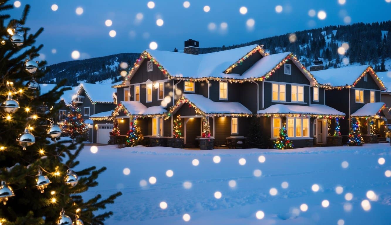 Best Christmas Light Displays Idaho 2025: Must-See Holiday Attractions 5 A snowy evening in Idaho, with houses adorned in twinkling silver bells and colorful Christmas lights, creating a magical holiday display