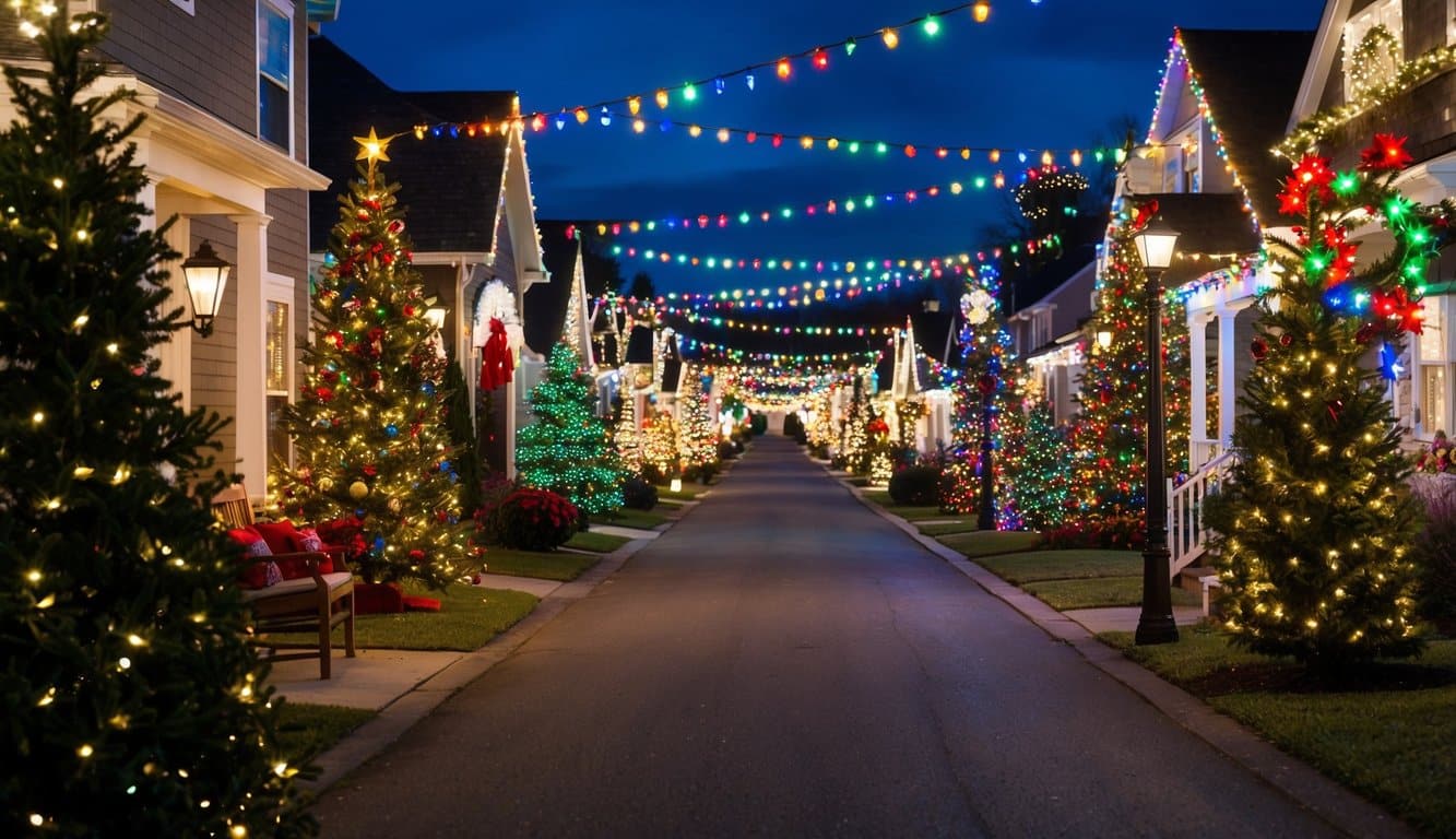 Best Christmas Light Displays Iowa 2025: Top Must-See Holiday Shows 7 A cozy suburban street lined with colorful, twinkling Christmas lights and festive decorations, creating a magical holiday display