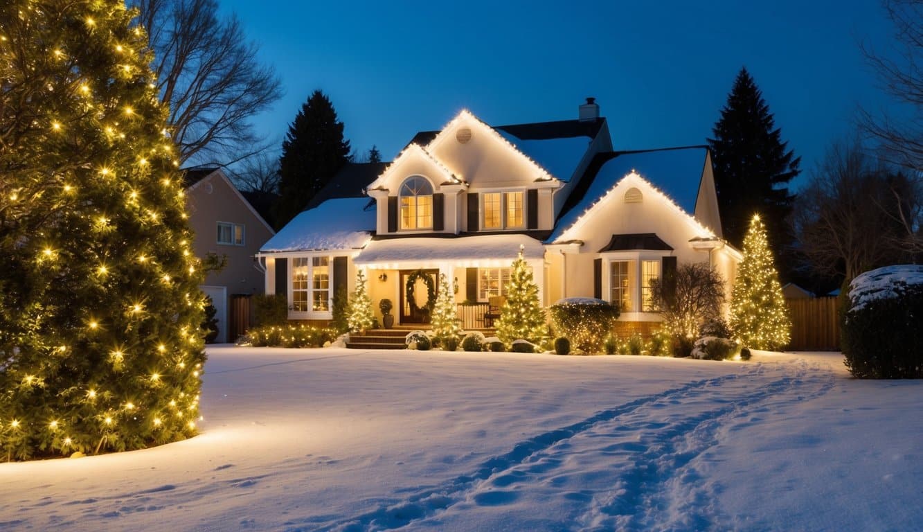Best Christmas Light Displays Indiana 2025: Must-See Holiday Attractions 6 A cozy suburban house adorned with twinkling Christmas lights, illuminating the snowy yard and casting a warm glow onto the surrounding trees and bushes