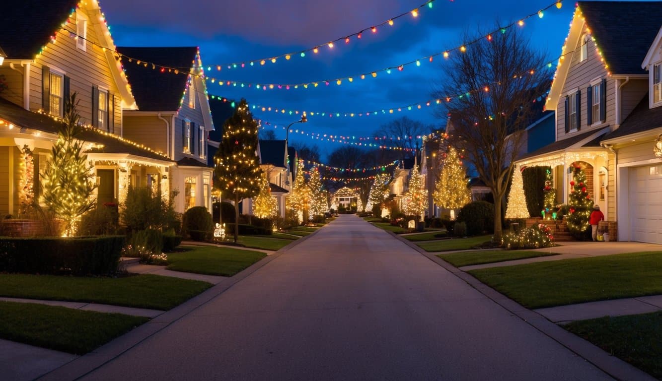 Best Christmas Light Displays Idaho 2025: Must-See Holiday Attractions 6 A cozy suburban street glows with colorful lights, illuminating houses and trees. Festive decorations adorn each home, creating a magical holiday atmosphere