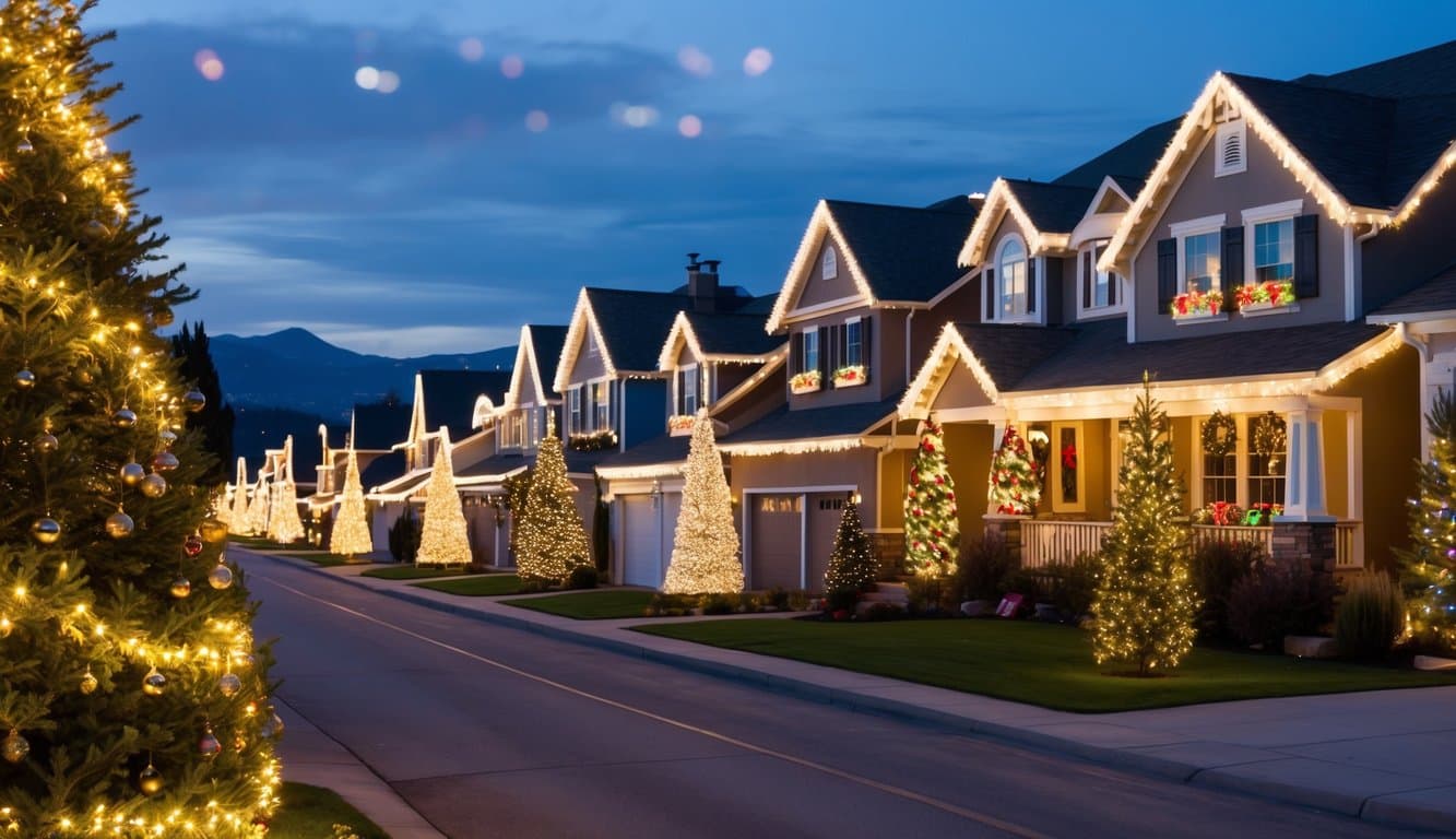 Best Christmas Light Displays Idaho 2025: Must-See Holiday Attractions 7 A cozy suburban street lined with houses adorned with dazzling, synchronized Christmas lights and festive decorations, creating a magical holiday display in Treasure Valley, Idaho