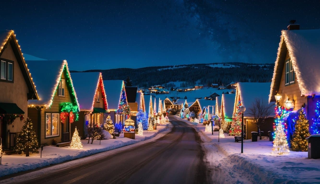 Best Christmas Light Displays Idaho 2025: Must-See Holiday Attractions 8 A cozy neighborhood street filled with colorful and twinkling Christmas light displays, illuminating the snowy landscape on a starry night in Idaho