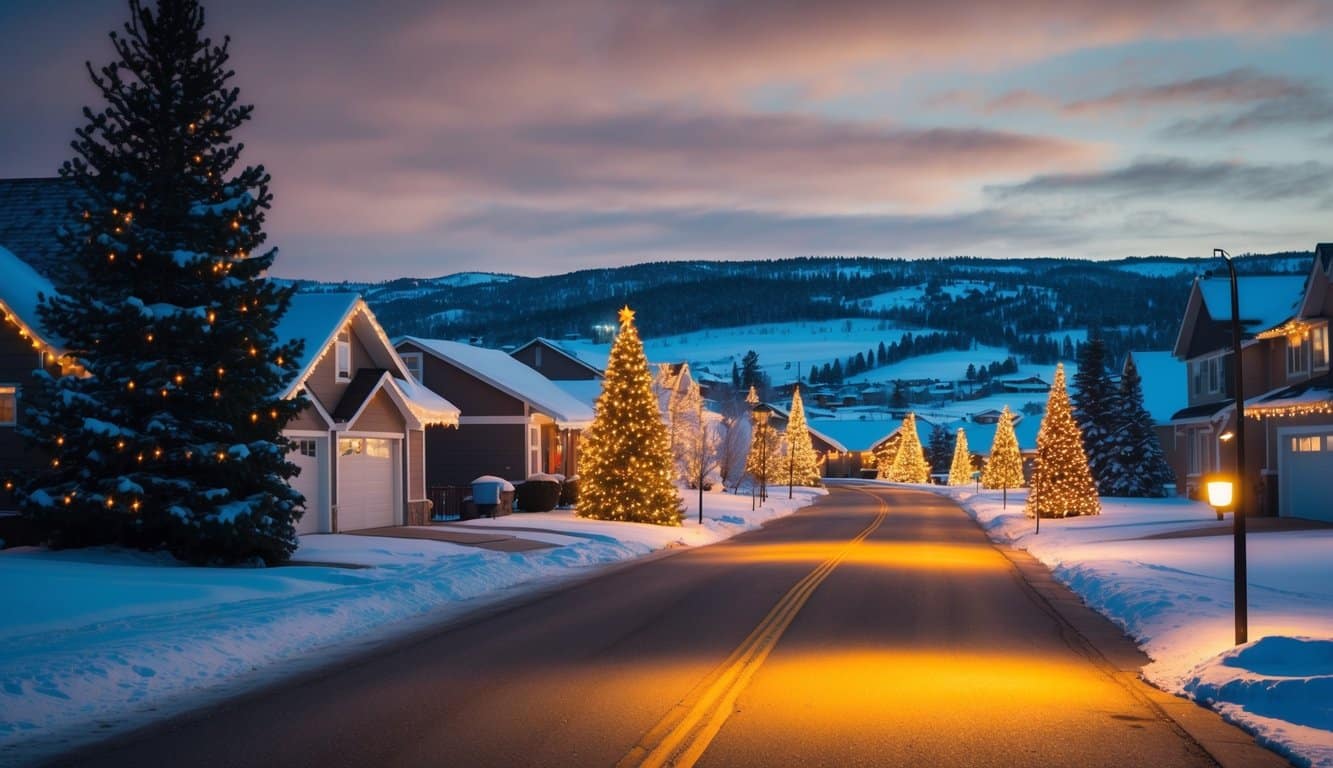 Best Christmas Light Displays Idaho 2025: Must-See Holiday Attractions 10 A cozy suburban street glows with festive Christmas lights, illuminating the snowy landscape in Idaho