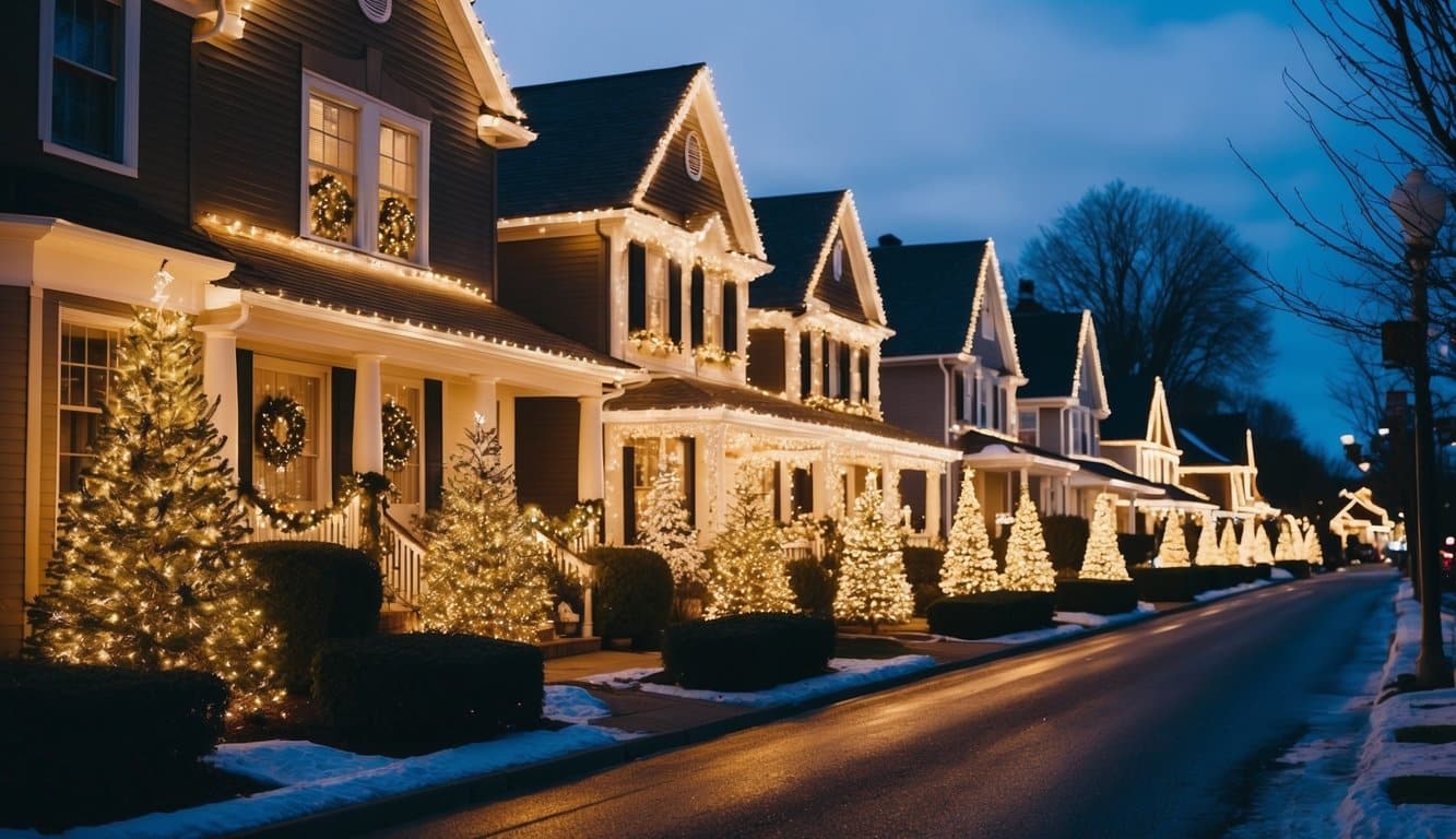 Best Christmas Light Displays Indiana 2025: Must-See Holiday Attractions 10 A cozy suburban street twinkles with elaborate Christmas light displays, illuminating the wintry night with a warm, festive glow