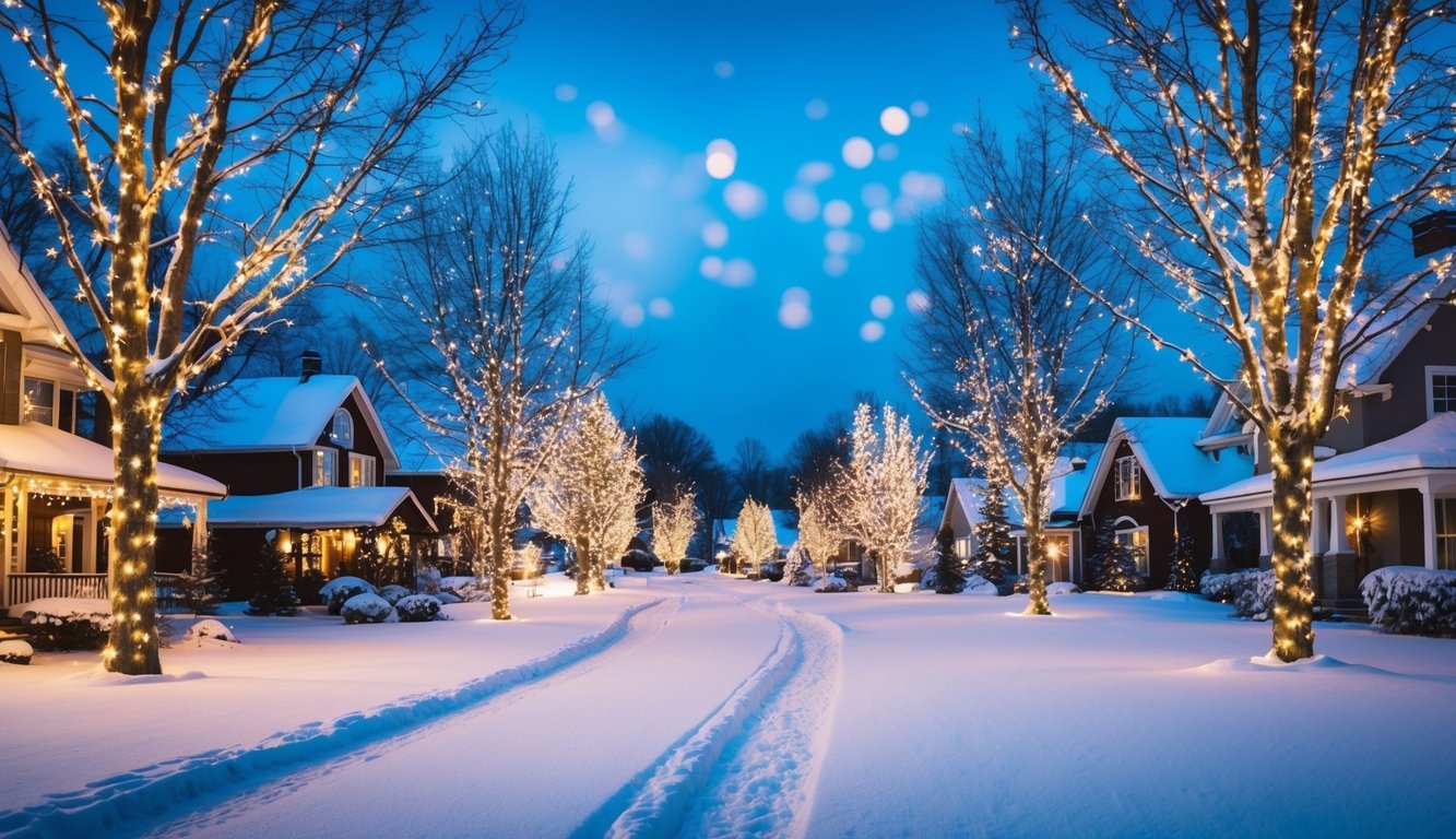 Best Christmas Light Displays Idaho 2025: Must-See Holiday Attractions 2 A serene snow-covered landscape with twinkling lights adorning trees, houses, and streets, creating a magical winter wonderland