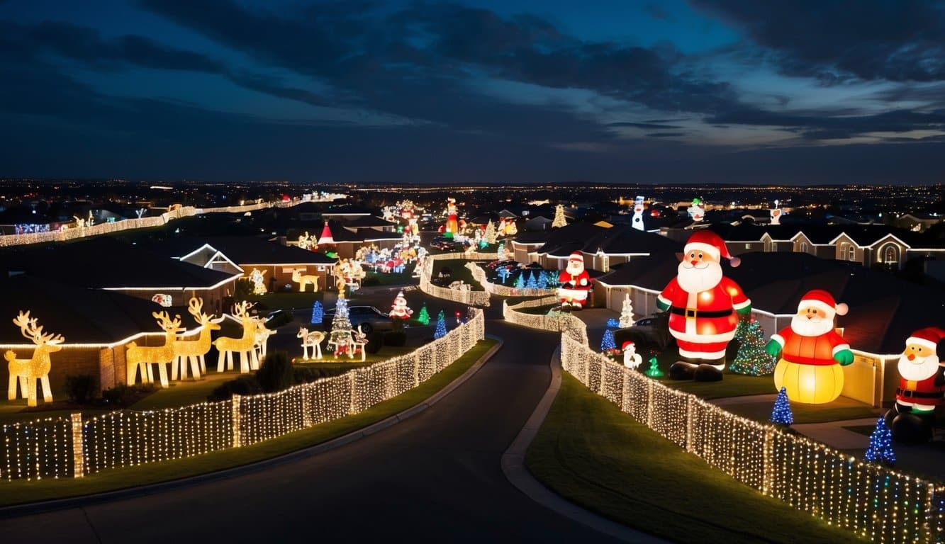 Best Christmas Light Displays Indiana 2025: Must-See Holiday Attractions 2 A sprawling suburban neighborhood aglow with elaborate Christmas light displays, featuring sparkling reindeer, towering inflatable Santas, and twinkling strands of multicolored lights