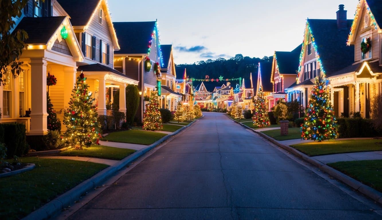 Best Christmas Light Displays Idaho 2025: Must-See Holiday Attractions 3 A festive neighborhood street lined with brightly lit houses, adorned with twinkling Christmas lights and colorful decorations, creating a magical holiday display