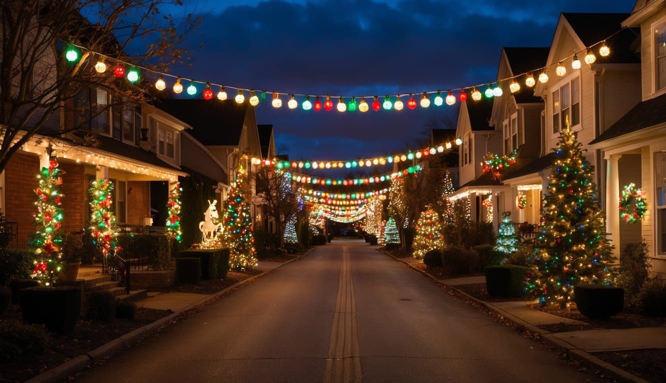 Best Christmas Light Displays Iowa 2025: Top Must-See Holiday Shows 10 A cozy neighborhood street glows with colorful Christmas lights, illuminating festive decorations and creating a warm holiday atmosphere