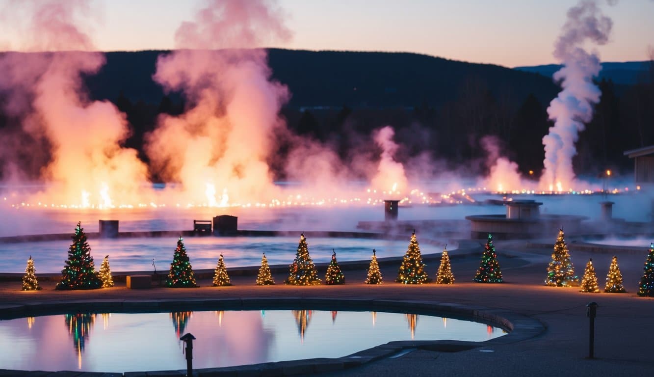 Best Christmas Light Displays Idaho 2025: Must-See Holiday Attractions 4 The steamy hot springs glow with colorful Christmas lights, illuminating the surrounding landscape with a festive and enchanting display