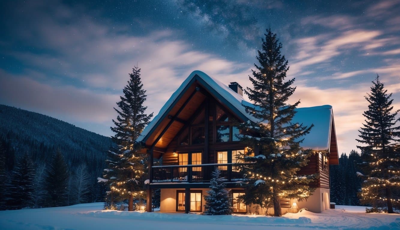 Best Christmas Light Displays Idaho 2025: Must-See Holiday Attractions 5 A cozy cabin with a snow-covered roof, surrounded by pine trees adorned with twinkling lights, and a starry night sky overhead