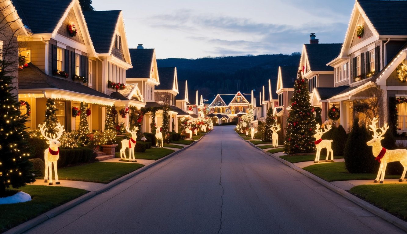 Best Christmas Light Displays Indiana 2025: Must-See Holiday Attractions 6 A cozy suburban street lined with elaborately decorated houses, each adorned with twinkling Christmas lights, glowing reindeer, and festive holiday displays