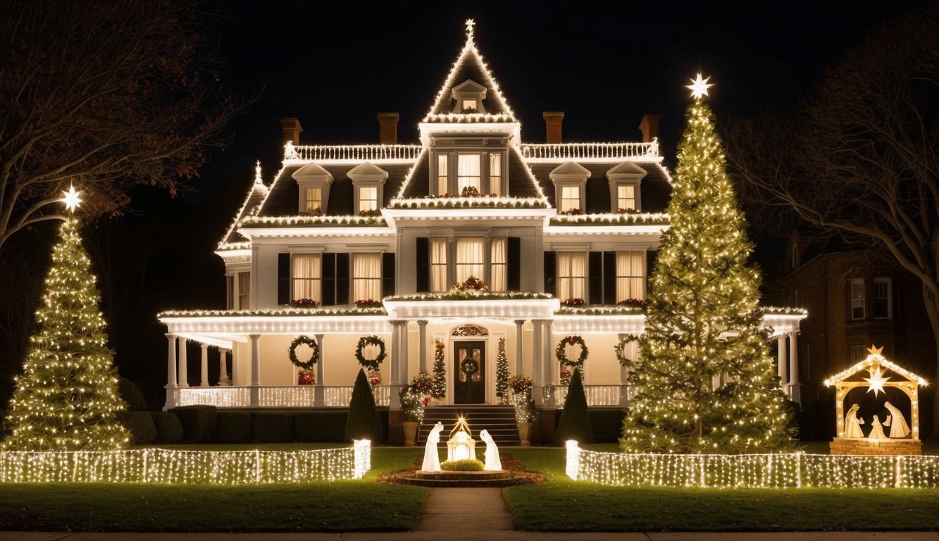 Best Christmas Light Displays Illinois 2025: Top 20 Festive Spots to Visit 8 A grand Victorian mansion adorned with thousands of twinkling lights, towering Christmas trees, and a glowing nativity scene in the front yard