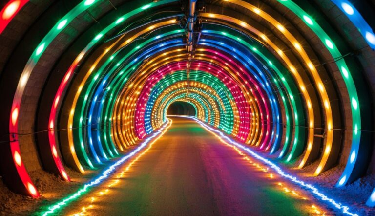 A tunnel with curved walls is illuminated by rows of colorful LED lights, forming concentric rings in red, yellow, blue, and green along the entire passage.