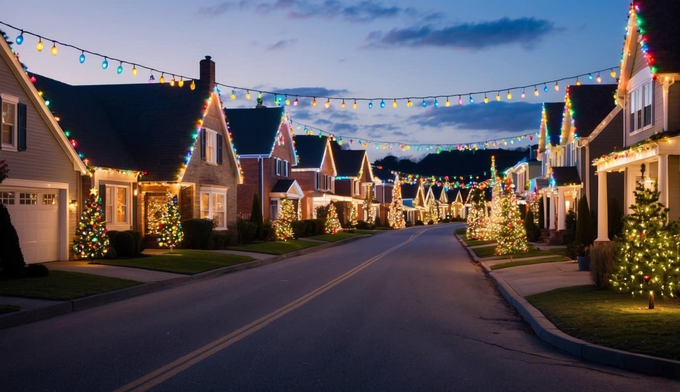 Best Christmas Light Displays Indiana 2025: Must-See Holiday Attractions 8 A cozy suburban street lined with houses adorned with colorful and twinkling Christmas lights, creating a festive and cheerful atmosphere