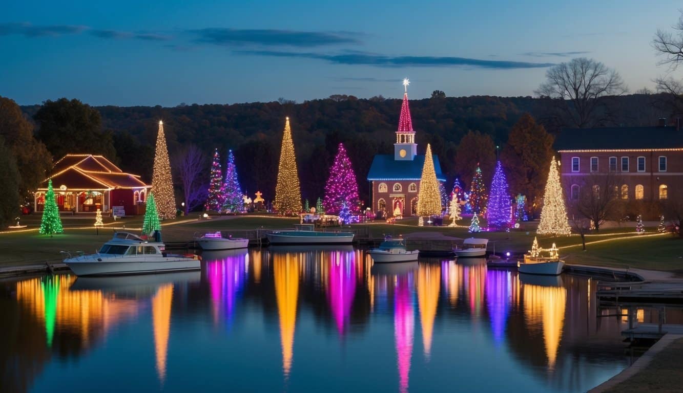 Best Christmas Light Displays Iowa 2025: Top Must-See Holiday Shows 13 Colorful holiday lights adorn trees, boats, and buildings around a serene lake, creating a festive and magical Christmas display in Iowa