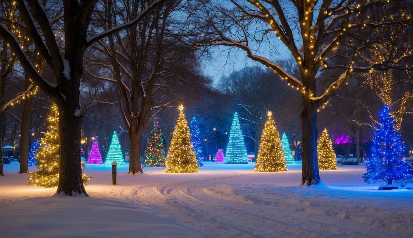Best Christmas Light Displays Indiana 2025: Must-See Holiday Attractions 9 Glowing trees and colorful light displays fill the snowy park, creating a magical winter wonderland