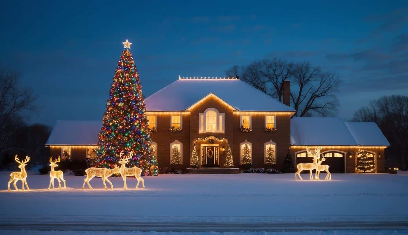 Best Christmas Light Displays Iowa 2025: Top Must-See Holiday Shows 15 A festive display of colorful lights adorns a grand house with a towering Christmas tree and glowing reindeer in a snowy Iowa landscape