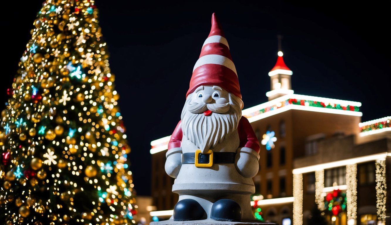 Best Christmas Light Displays Iowa 2025: Top Must-See Holiday Shows 16 A towering concrete gnome adorned with festive Christmas lights, surrounded by a dazzling display of holiday decorations in Iowa