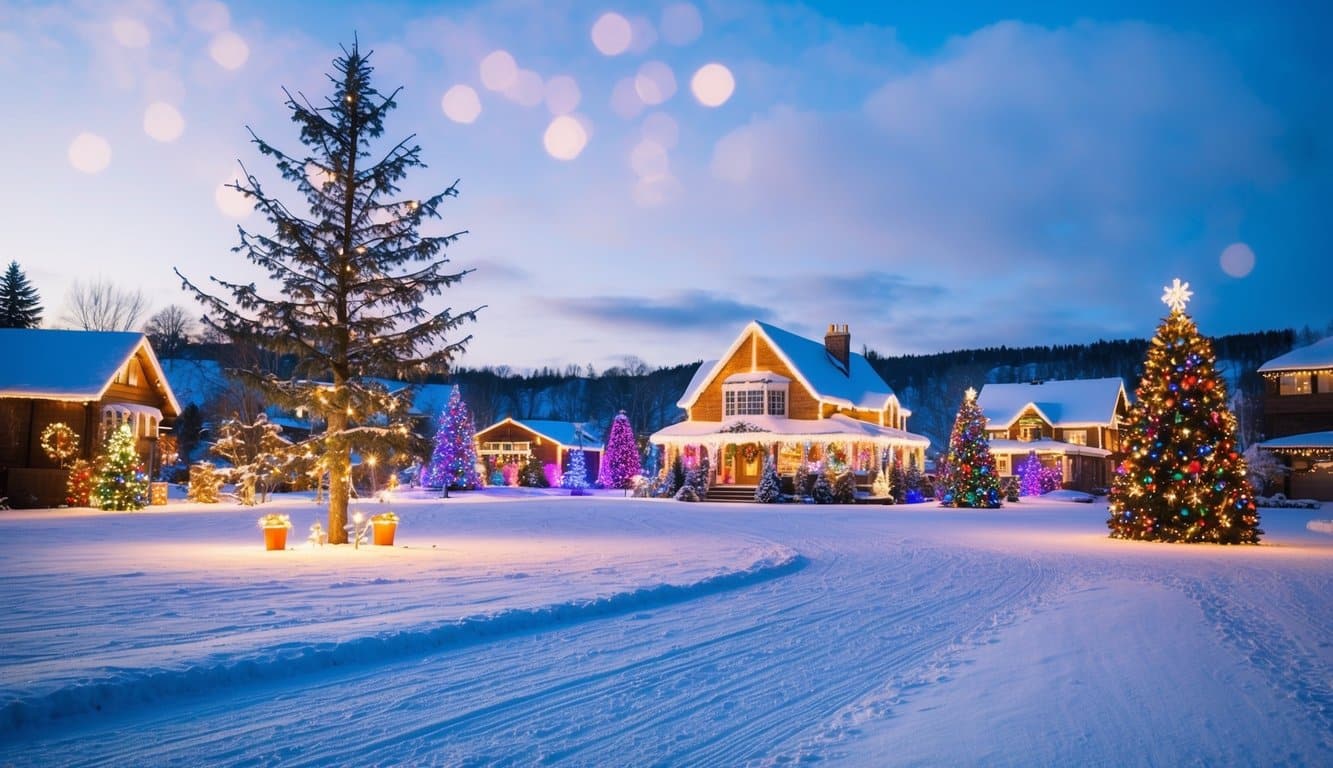 Best Christmas Light Displays Indiana 2025: Must-See Holiday Attractions 11 A snow-covered landscape with colorful lights adorning trees, houses, and festive displays, creating a magical winter wonderland